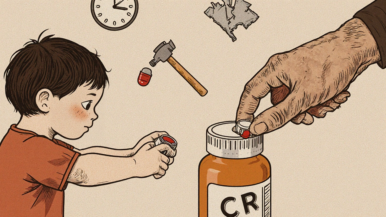 A child twisting a medicine cap while an elderly adult struggles to open the same bottle.