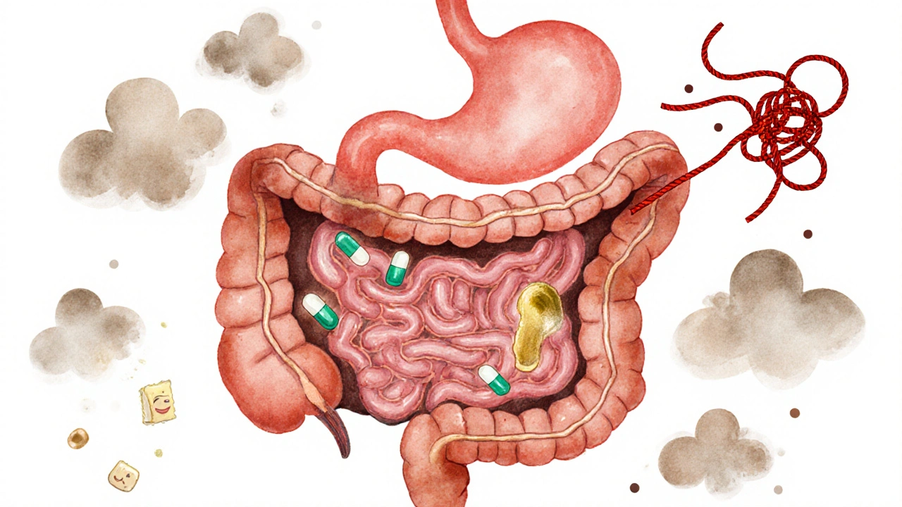 A cross-section of the digestive system showing peppermint oil releasing in the small intestine while cramps dissolve into smoke.