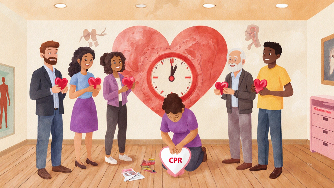 A diverse group learning CPR in a community center, with a mural of a heart inside a ticking clock behind them.