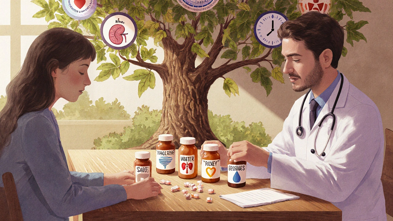 A doctor and patient discussing pill options beside a tree with organ-shaped leaves.