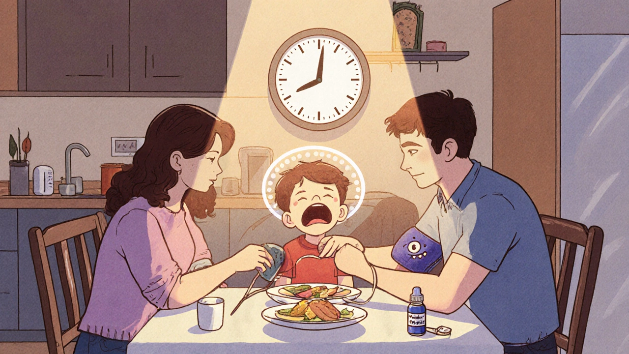 A family checking blood pressure at dinner as a sleep monster hides under the bed, showing sleep side effects of ADHD meds.
