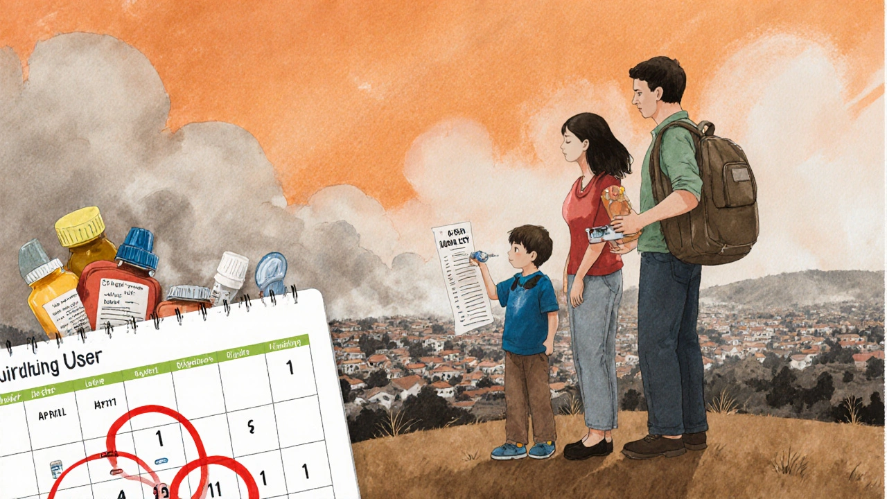 A family evacuates with their medical supplies, holding insulin, a medication list, and hearing aids.