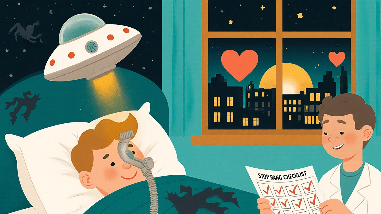 A friendly CPAP mask healing a sleeper as apnea shadows flee, illustrated in warm, hopeful storybook style.