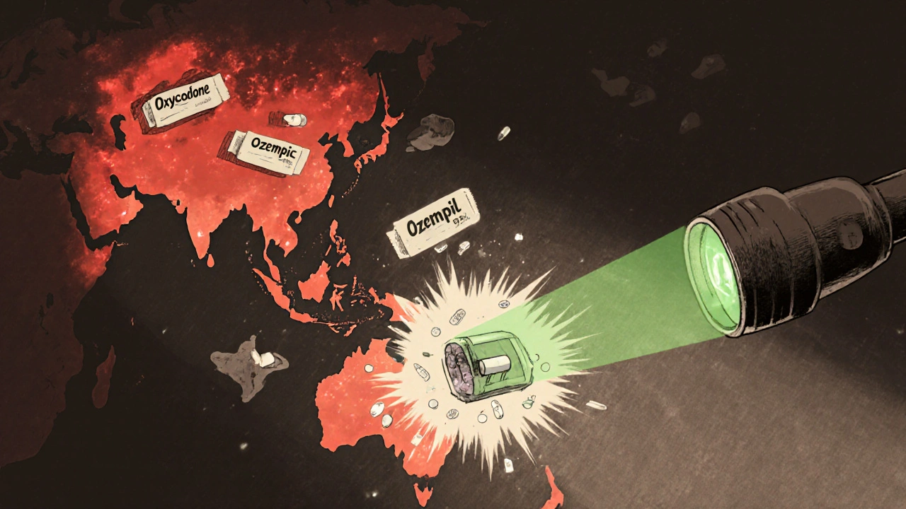 A global map showing fake drug packages flying toward North America, one bursting with deadly contents.