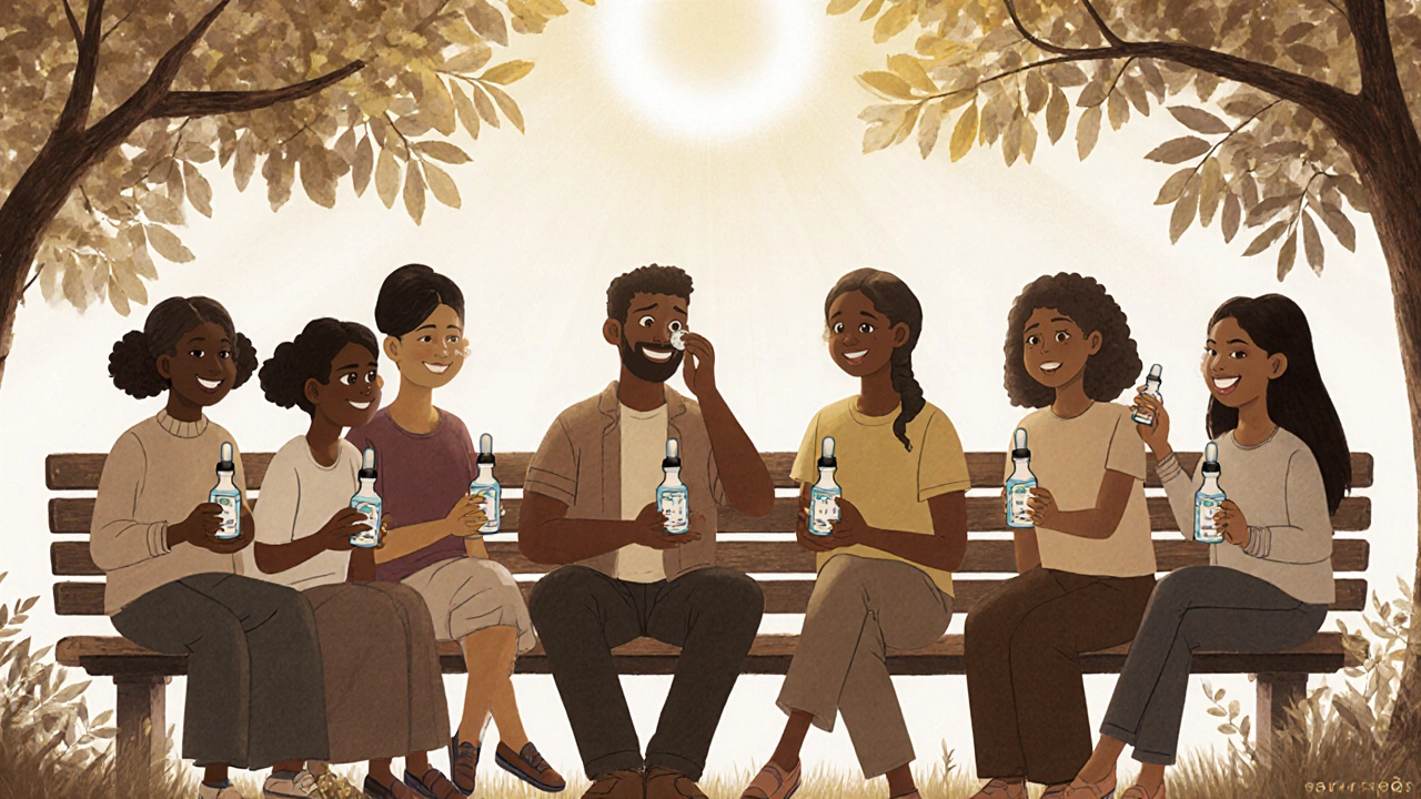 A group of people sitting together on a park bench, each holding eye drop bottles, sharing quiet moments of support.