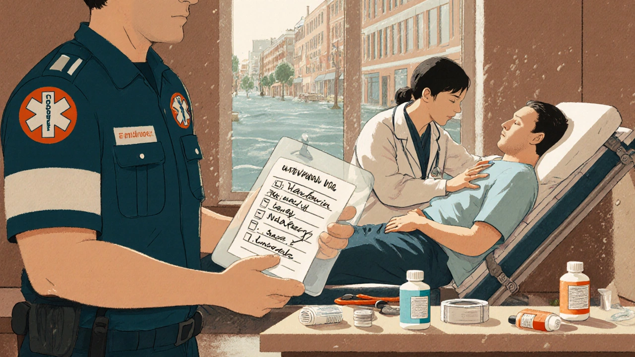 A paramedic and doctor review a handwritten medication list in an emergency room during a disaster.