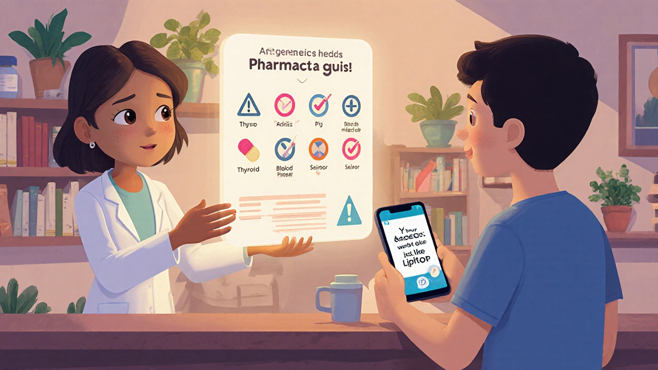 A pharmacist presents a glowing guide about generic drugs, with animated icons for thyroid and blood thinner medications.