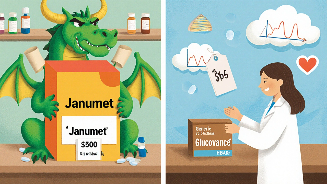 A pharmacy shelf with expensive brand-name diabetes meds guarded by a patent dragon versus affordable generics handed to a happy customer.
