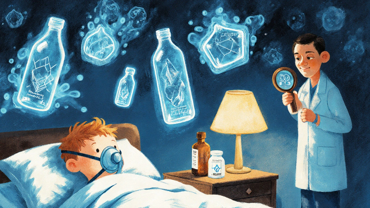 A sick child in a hospital with ghostly contaminants above, a pharmacist examining a fake medicine bottle.