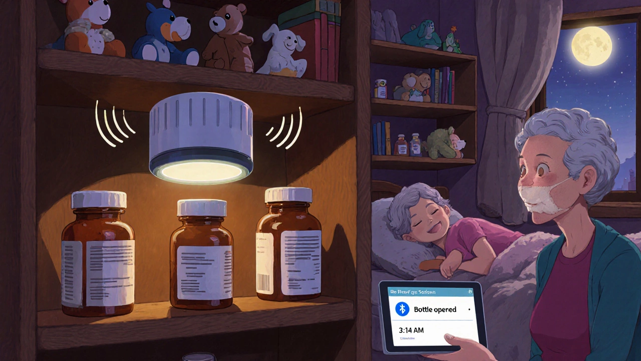 A smart medicine cap glowing with Bluetooth waves beside a senior-friendly cap on a shelf at night.