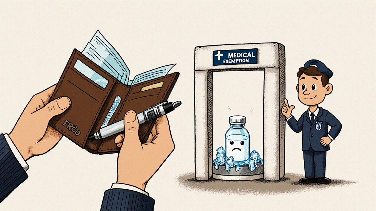 A traveler uses a water-activated FRÍO wallet to keep insulin cool, while a frozen vial lies damaged in cargo.