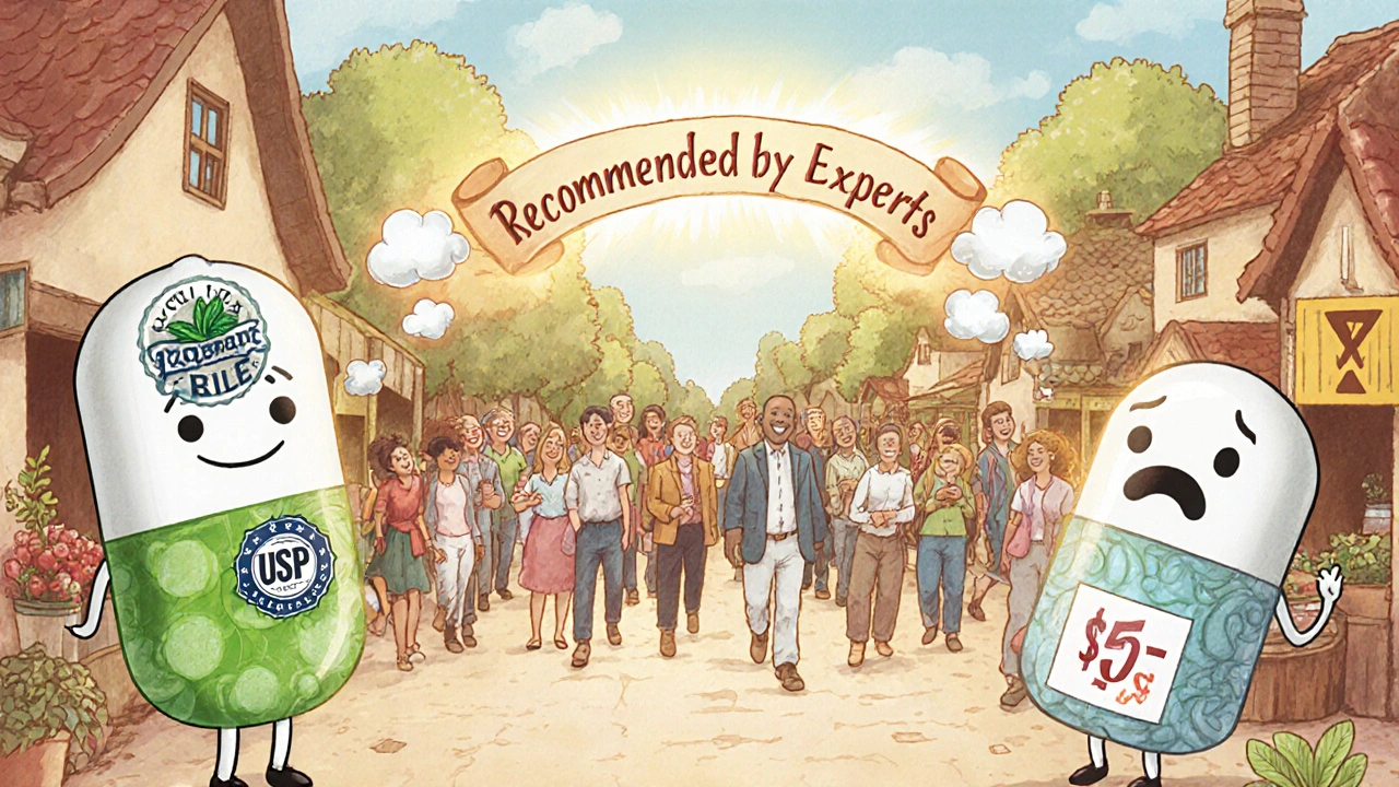 A whimsical marketplace comparing peppermint oil to expensive prescriptions, with happy patients and an expert recommendation banner.