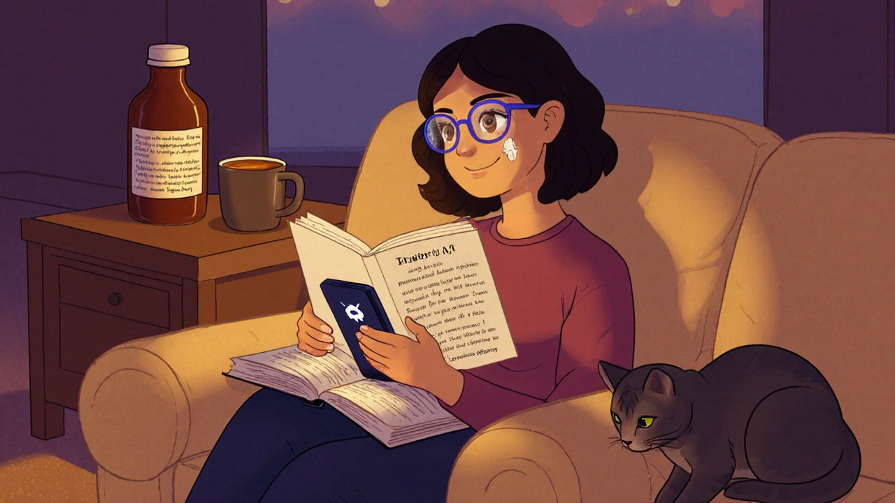 A woman using a vision aid app on her phone while resting on a couch, with eye drop bottle and tea nearby.