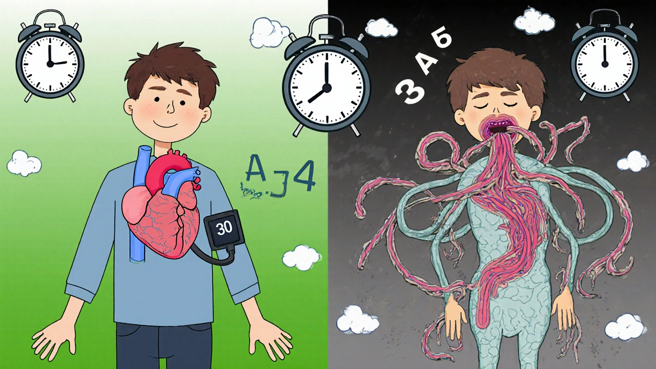 A young adult’s health declining over five years due to untreated sleep apnea, shown in a split-panel storybook illustration.