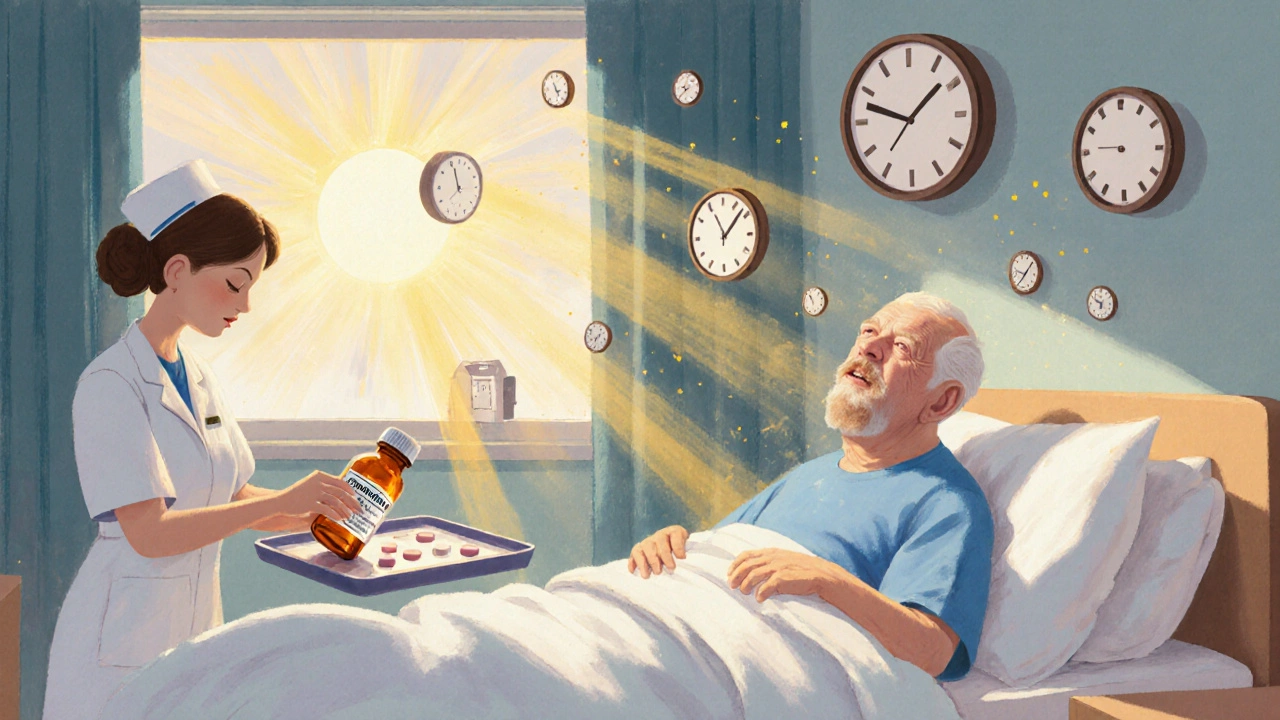 An elderly man sits confused in a hospital bed as floating clocks and doors swirl around him, while a nurse offers a safer antibiotic.