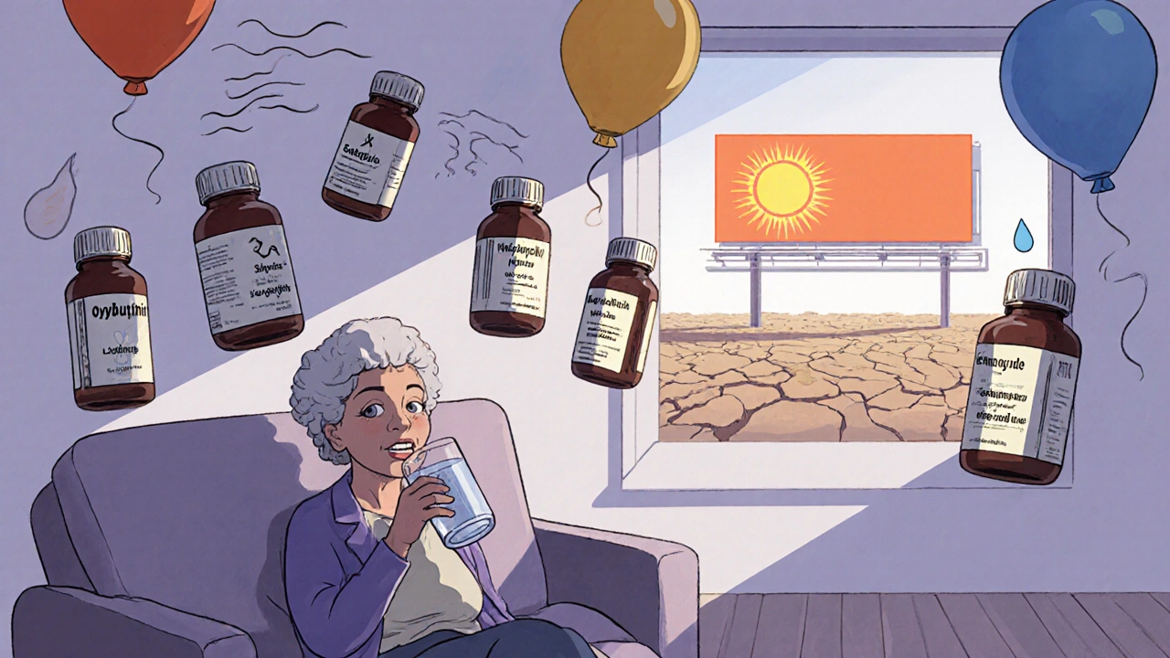 An older woman surrounded by floating medication bottles, each emitting heat, dryness, or dehydration symbols.