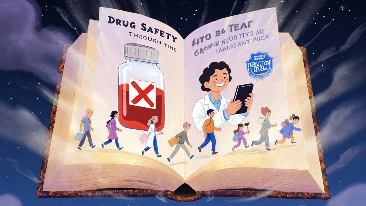 Animated book showing evolution of drug safety monitoring with tiny figures marching across pages