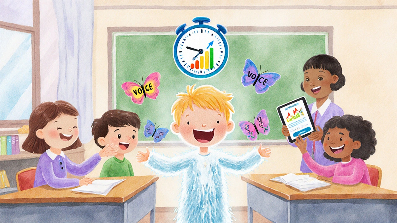 Child unable to speak in class, surrounded by fluttering voice butterflies, with a digital app showing progress.
