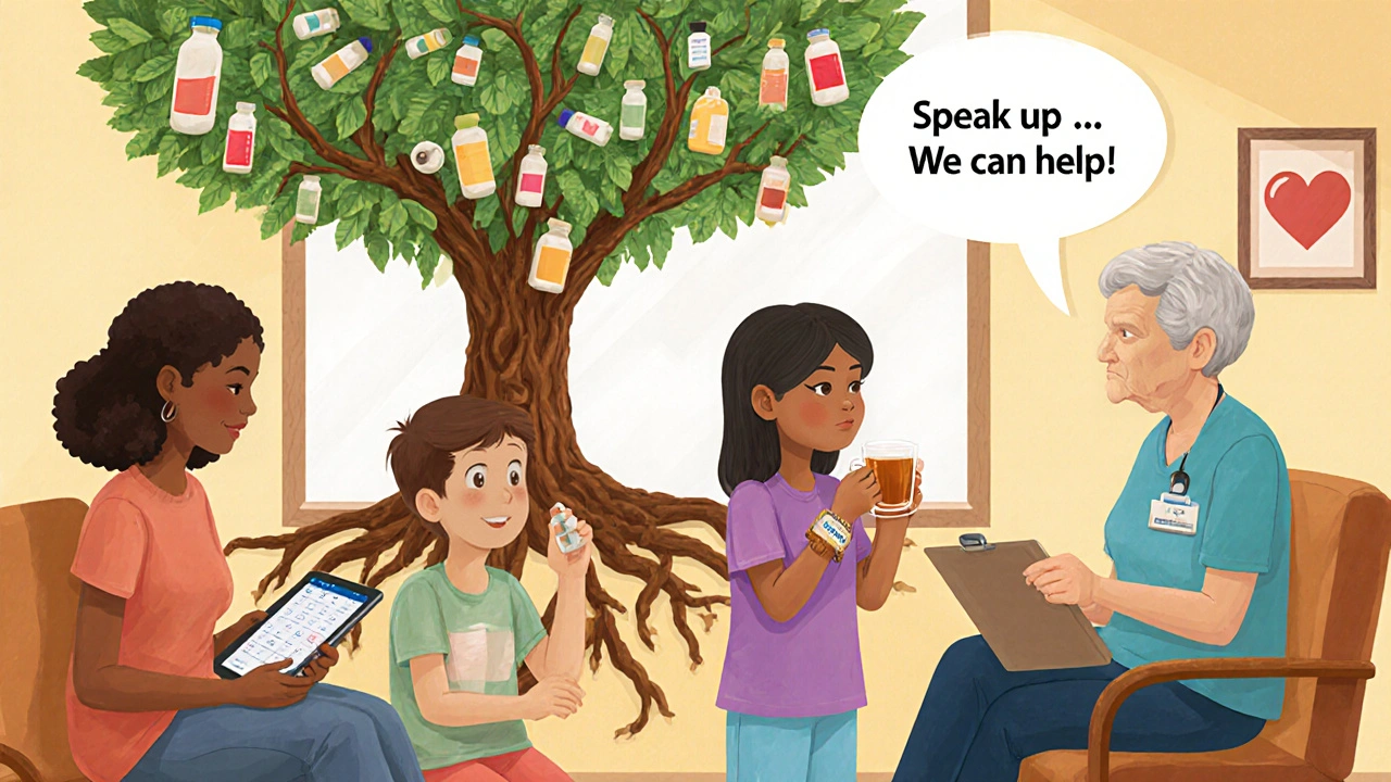 Diverse people in a clinic with a ginger-tree and nausea tracker app.