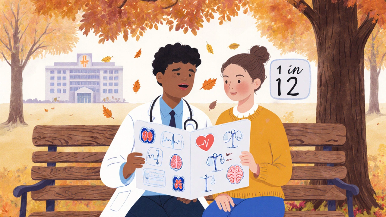 Doctor and patient reading a medication guide under a tree with warning statistics floating nearby