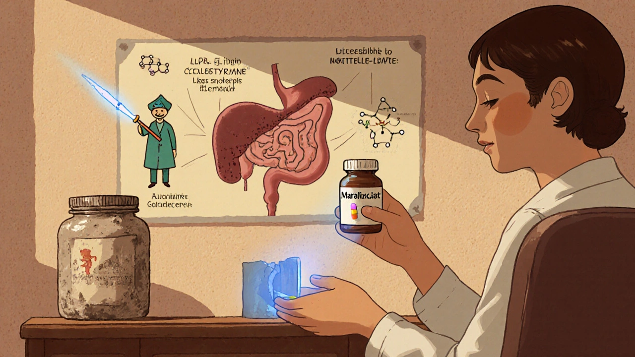 Doctor giving a patient a glowing pill while a dusty cholestyramine jar sits unused, with a bile acid diagram in the background.