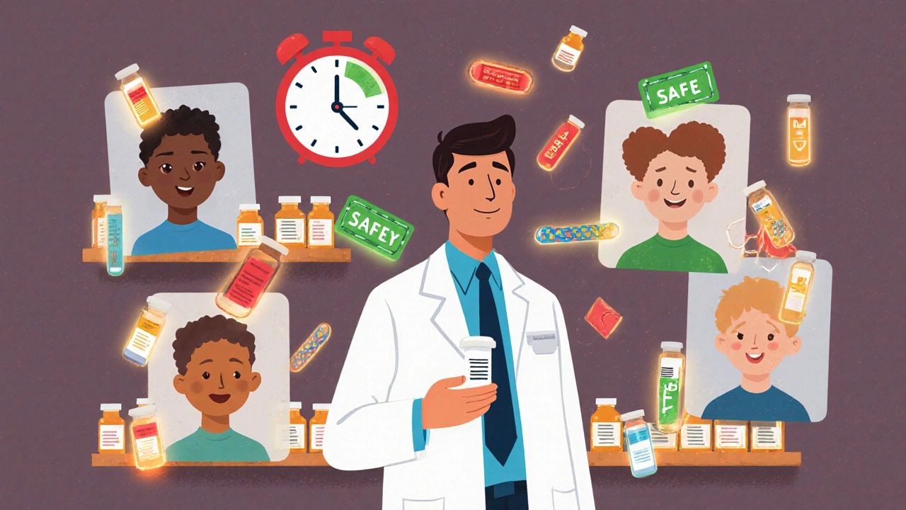 Doctor holding codeine pill surrounded by portraits of children with glowing genetic markers.