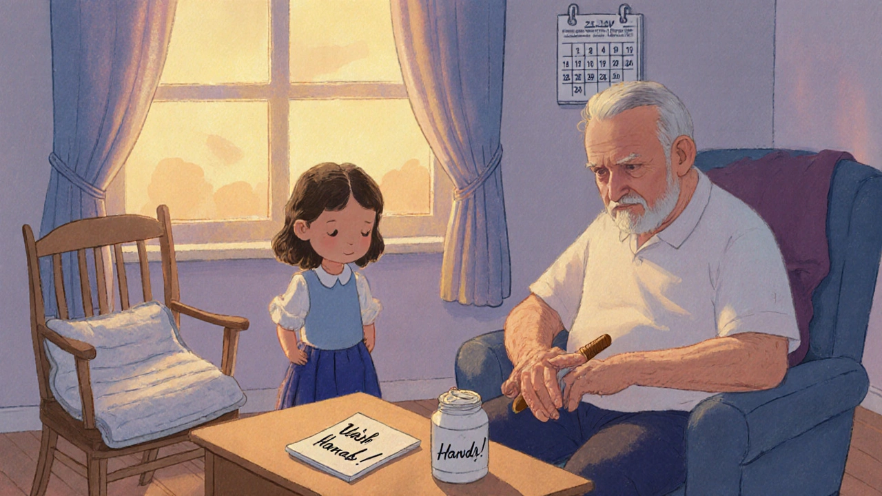 Elderly man using a wooden applicator to apply capsaicin cream, with a child watching nearby and a &#039;Wash Hands!&#039; sign.