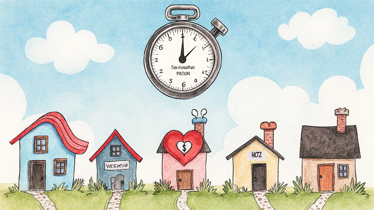 Five colorful houses representing different blood pressure medications with unique features.