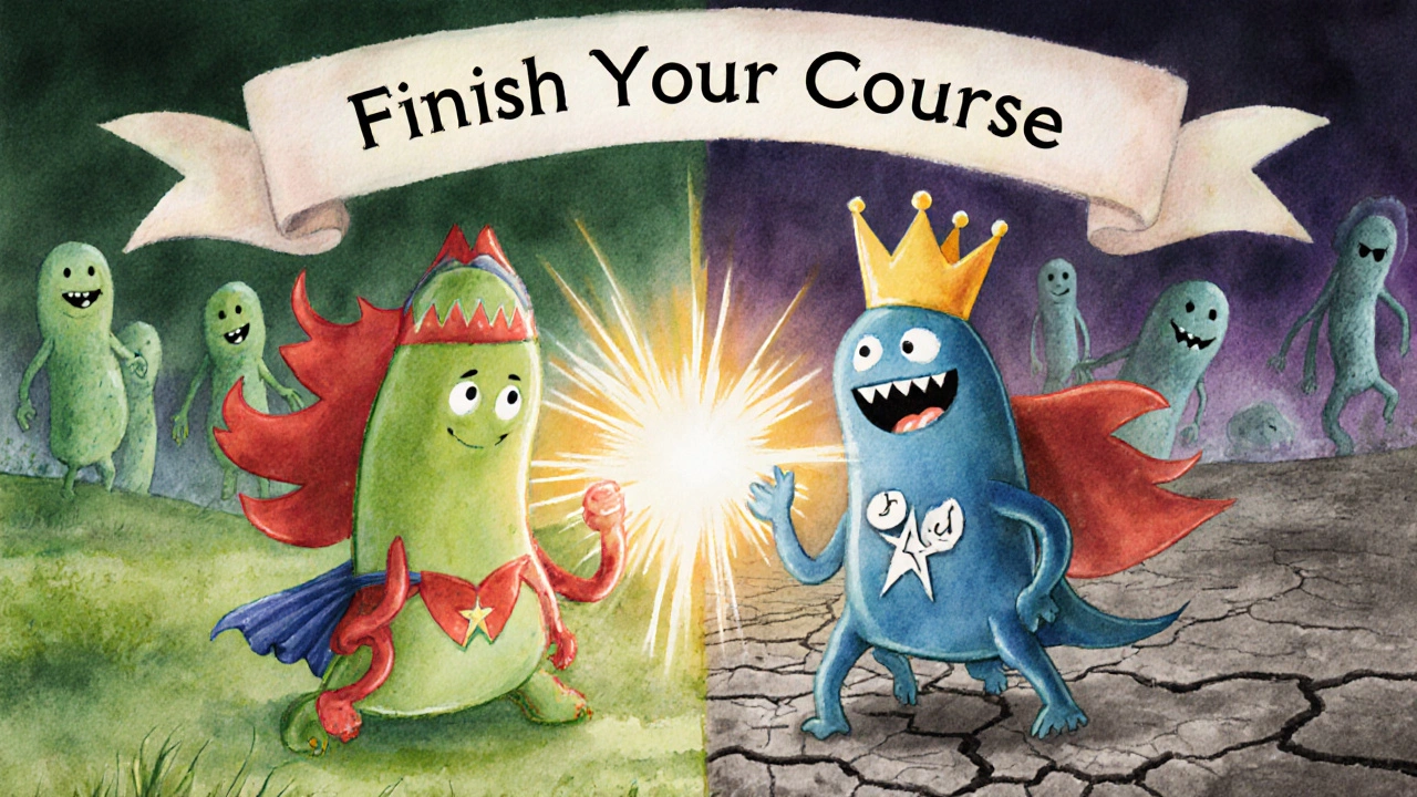 Friendly probiotics battling C. diff monsters in a colorful gut landscape.