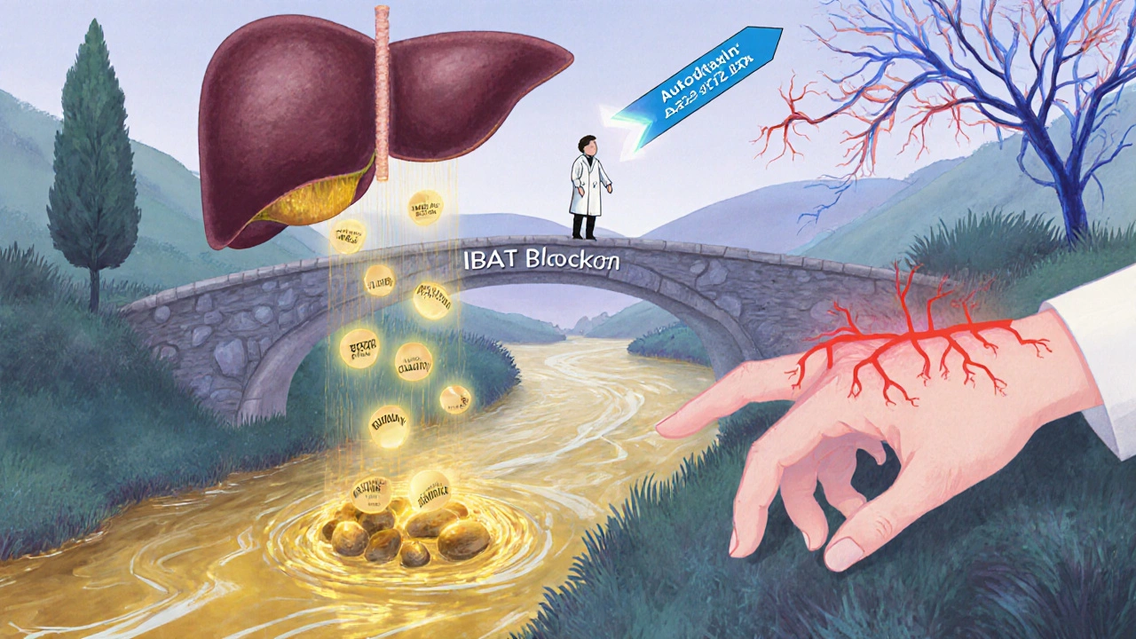 Human body as a river with bile flowing through a clogged canal, blocked by glowing pebbles and silenced enzymes.