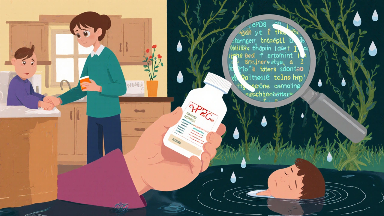 Parent giving codeine to child while hidden genetic vines multiply and morphine droplets fall.