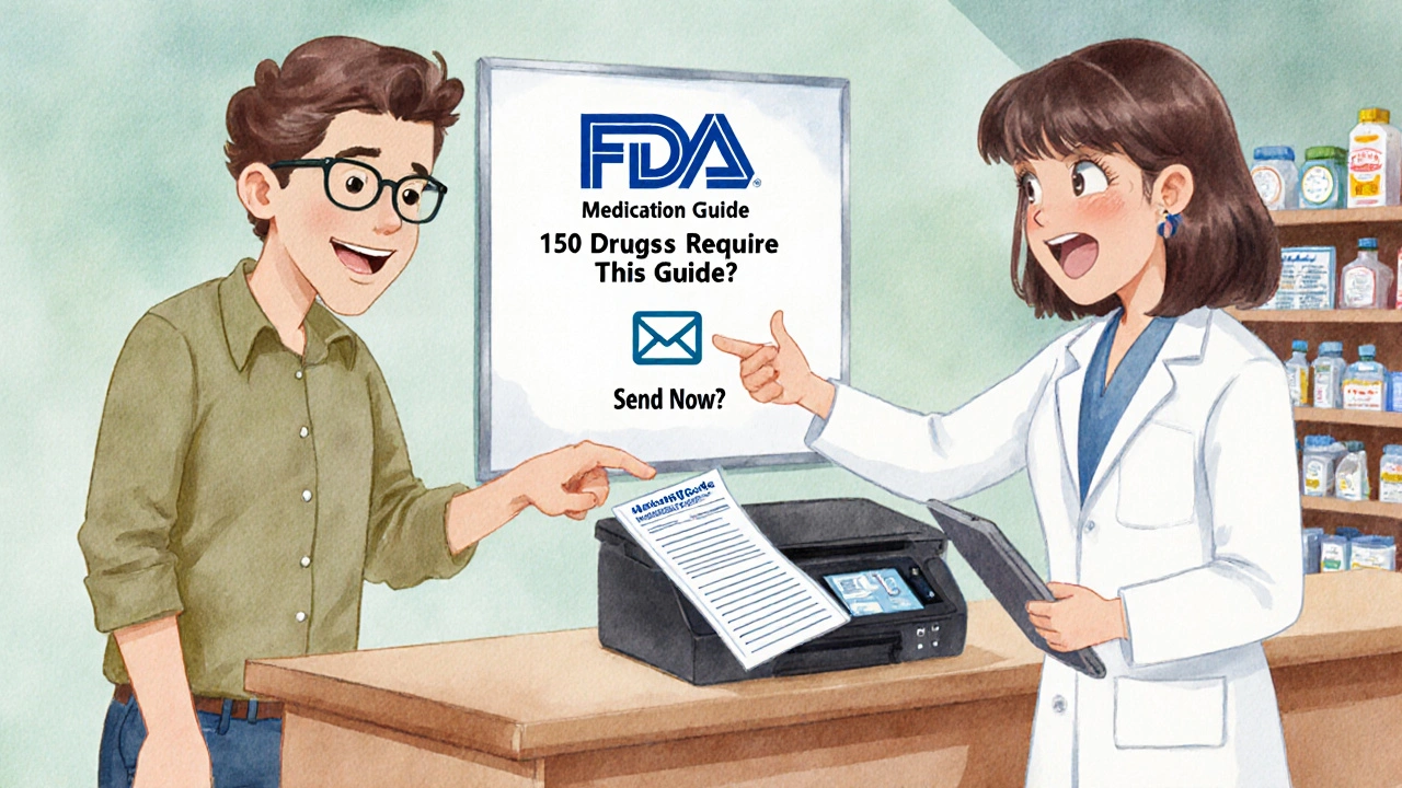 Patient insisting on getting their FDA-required Medication Guide while pharmacist uses a printer.