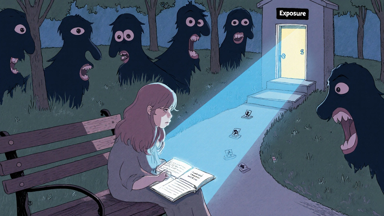 Person on a bench surrounded by judgmental shadows, with a CBT workbook emitting light to dissolve them.