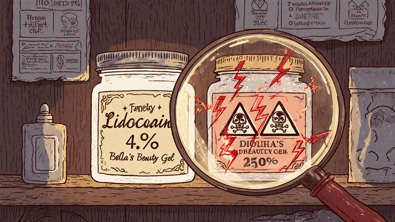 Pharmacy shelf with safe and illegal lidocaine products, one glowing safely and another sparking with danger.