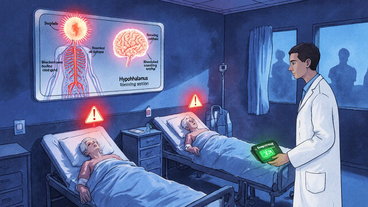 Three elderly patients in an ER with glowing heat warnings above them, a doctor holding a temperature monitor.