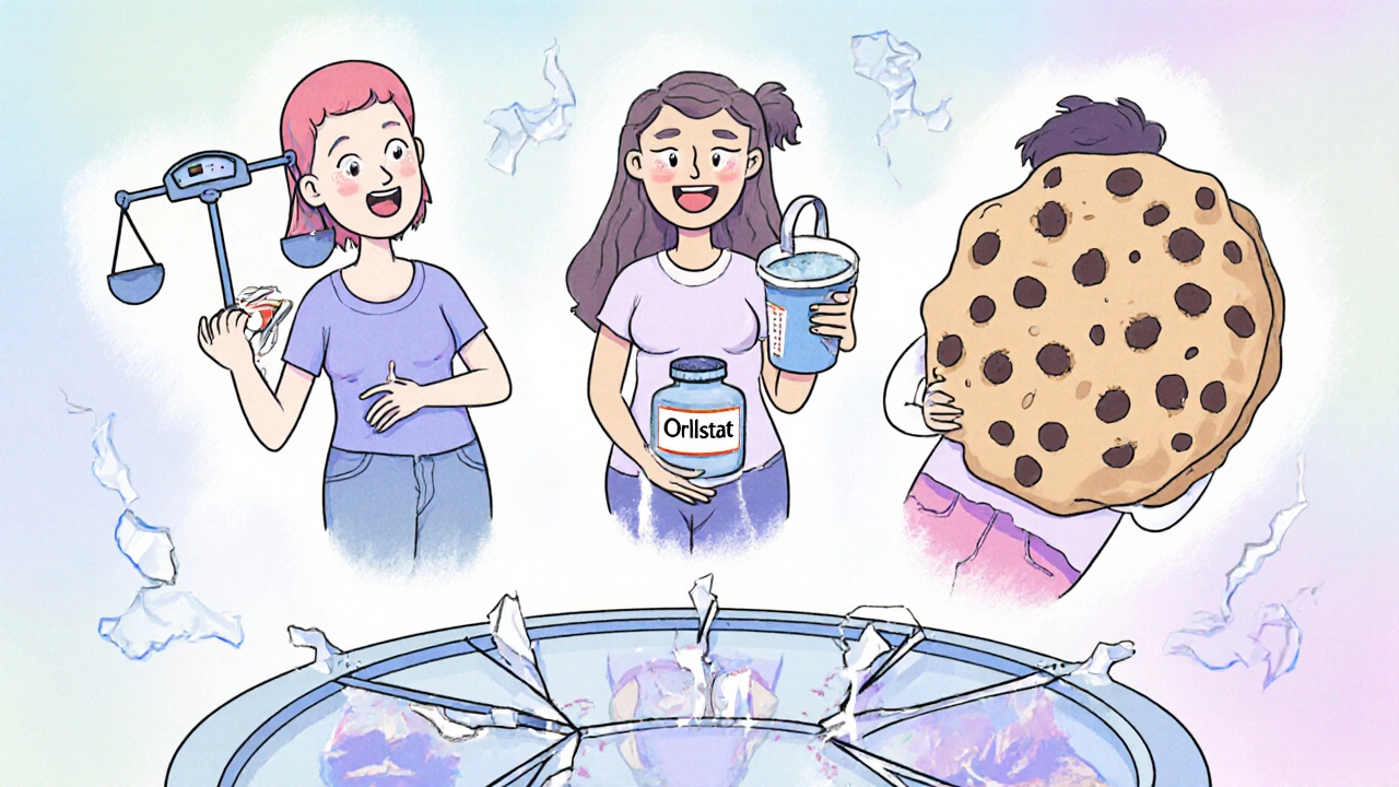 Three figures linked by a pill bottle, each representing an eating disorder with symbolic tools.