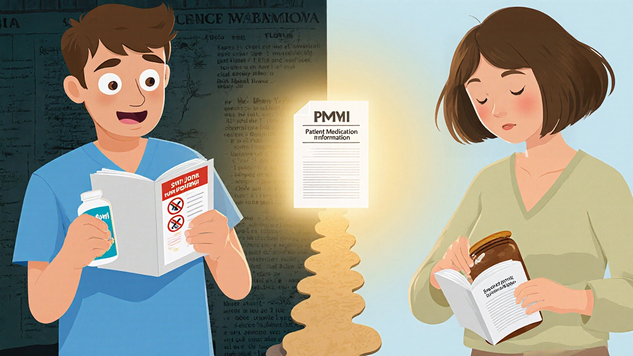 Two patients safely avoiding drug interactions after reading their Medication Guides.