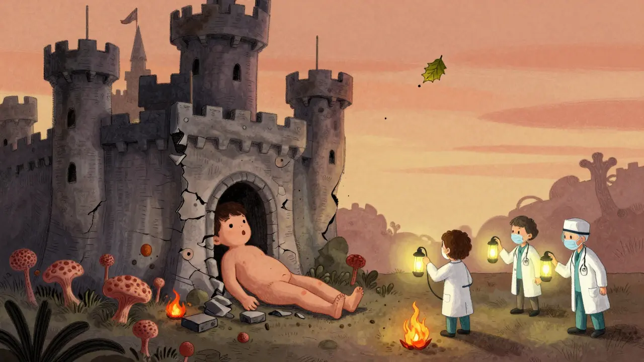 A child's body as a castle under siege by invisible fungal invaders, with doctors using lanterns to detect them.