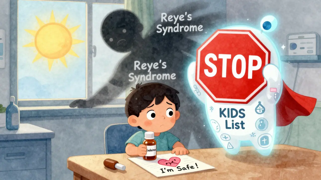 A child holding a dangerous medicine while a superhero with a 'STOP' sign blocks a shadowy threat, symbolizing safe pediatric用药.