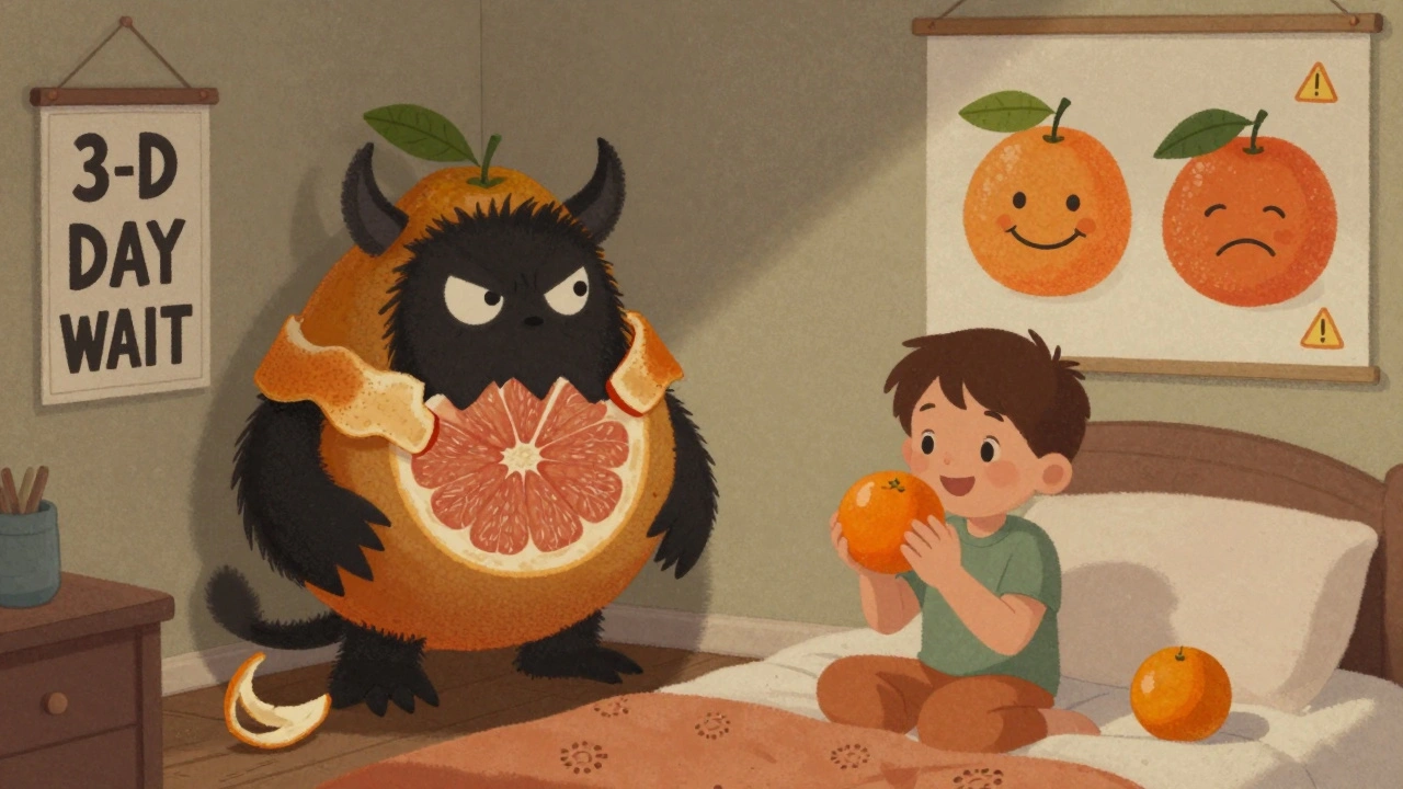 A child holds a safe orange while dangerous citrus fruits cower under a 3-day warning sign.