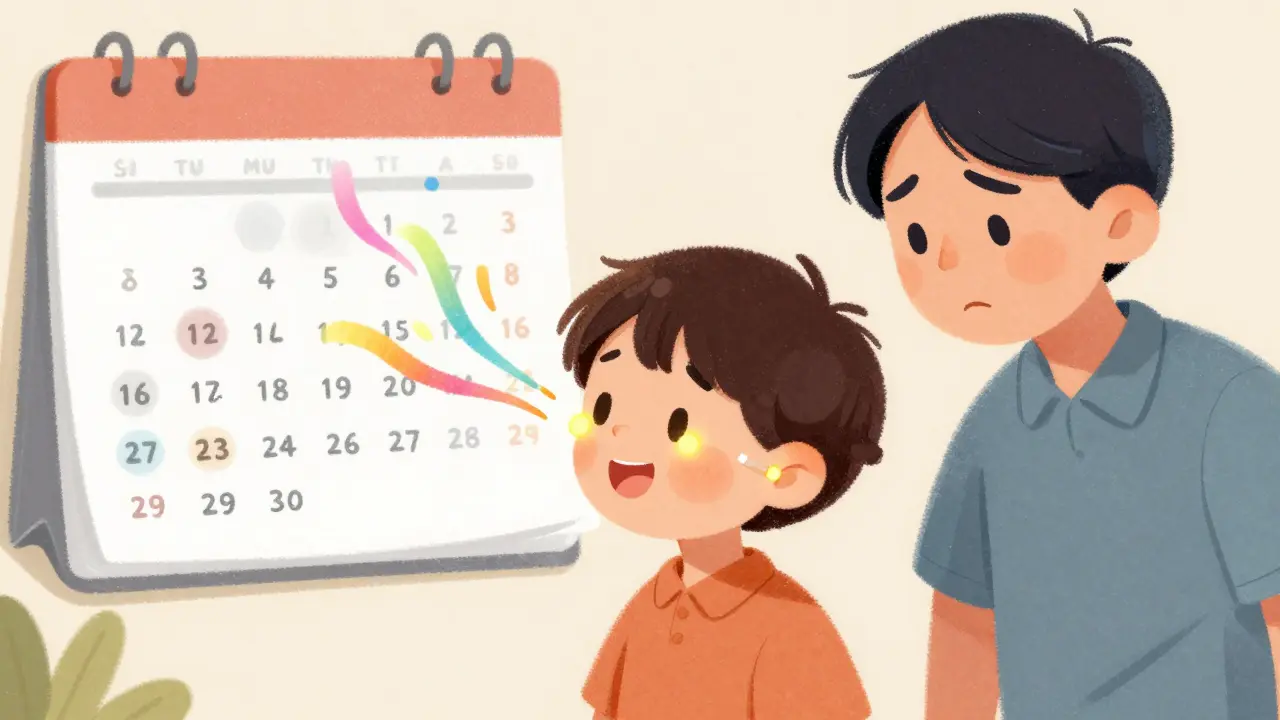 A child with glowing ear tubes, sound ribbons flowing in, as a parent watches happily—illustrating recovery from fluid buildup.