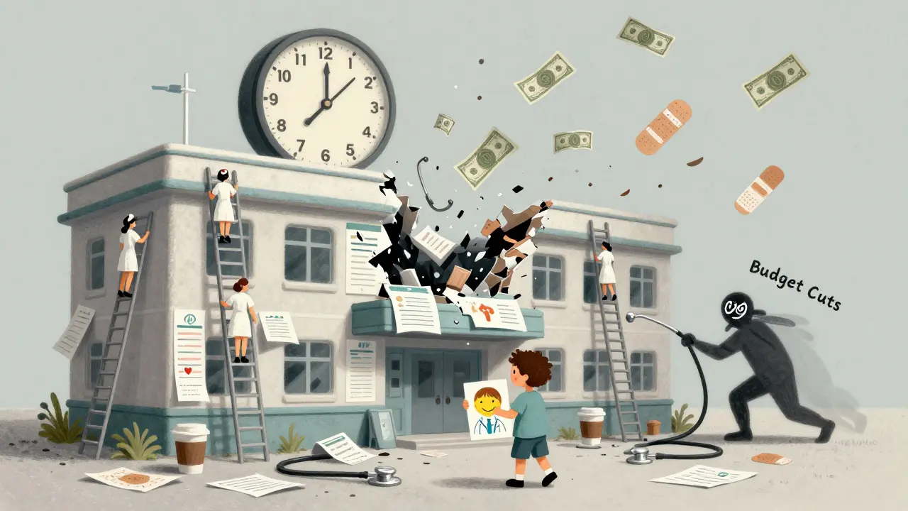 A crumbling hospital made of medical supplies, with nurses climbing ladders of paperwork.