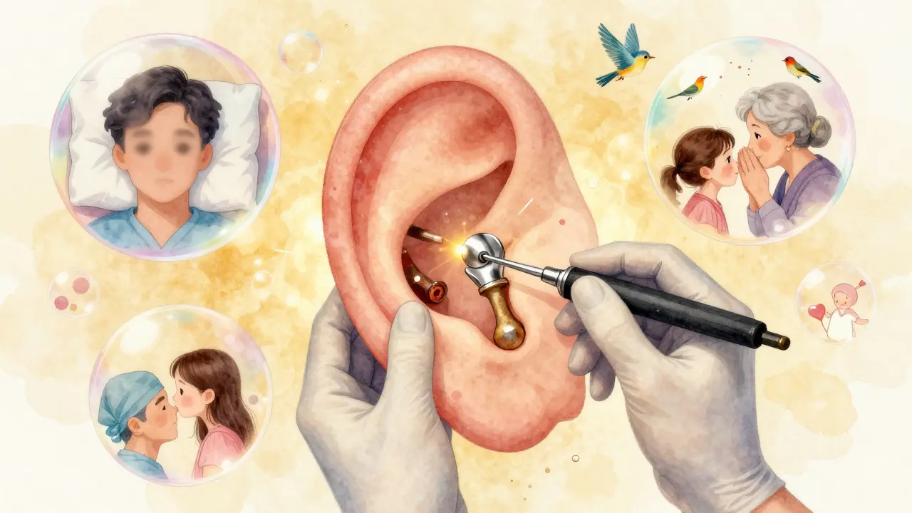 A delicate ear surgery with a laser replacing a stapes bone, surrounded by floating scenes of restored hearing and whispered love.