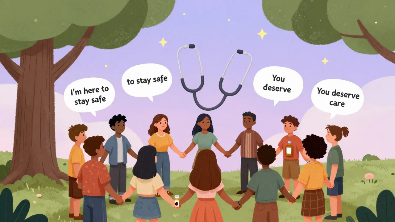 A diverse group united under a stethoscope-shaped tree, holding symbols of medication and safety.