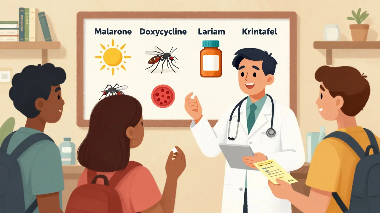 A doctor explains malaria pills to travelers in a clinic, with colorful pill bottles and a risk map on the wall.