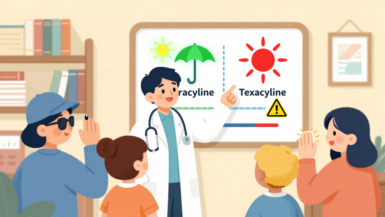 A doctor showing a comparison chart of antibiotics, with minocycline safely shielded from the sun and others at risk.