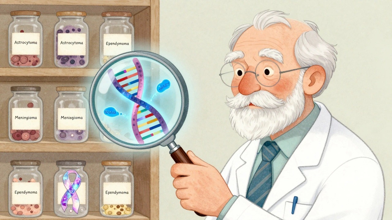 A doctor using a magnifying glass to reveal DNA markers inside a tumor sample, with labeled tumor types on shelves in storybook style.