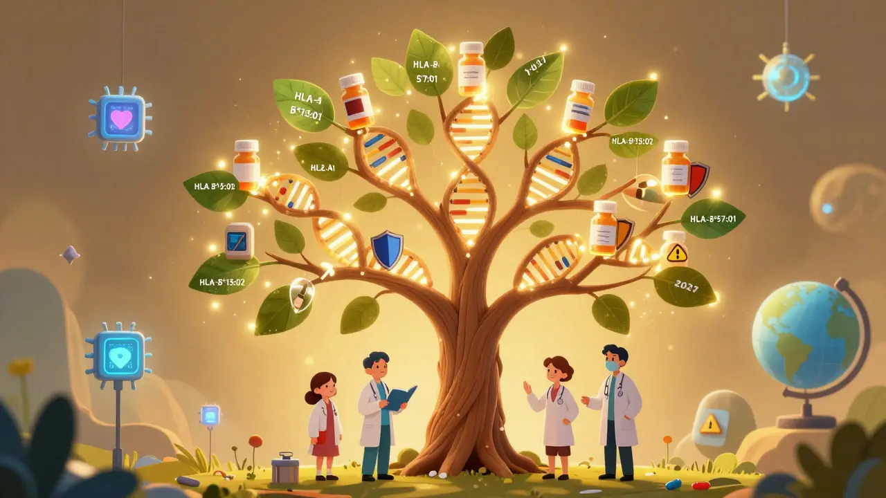 A family tree with glowing genes linked to pill shields, symbolizing genetic testing for safer drug use in the future.