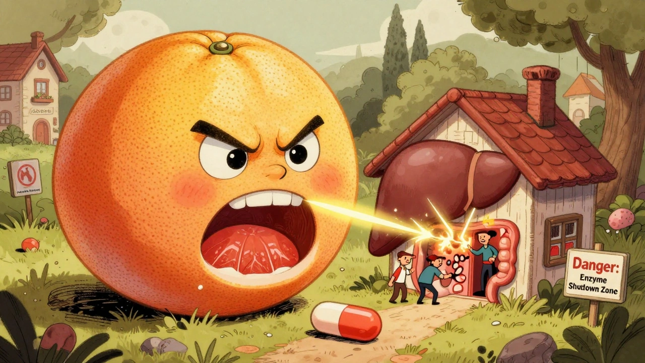 A giant angry grapefruit blocking a pill from entering a liver house, tiny enzymes being zapped by glowing rays.