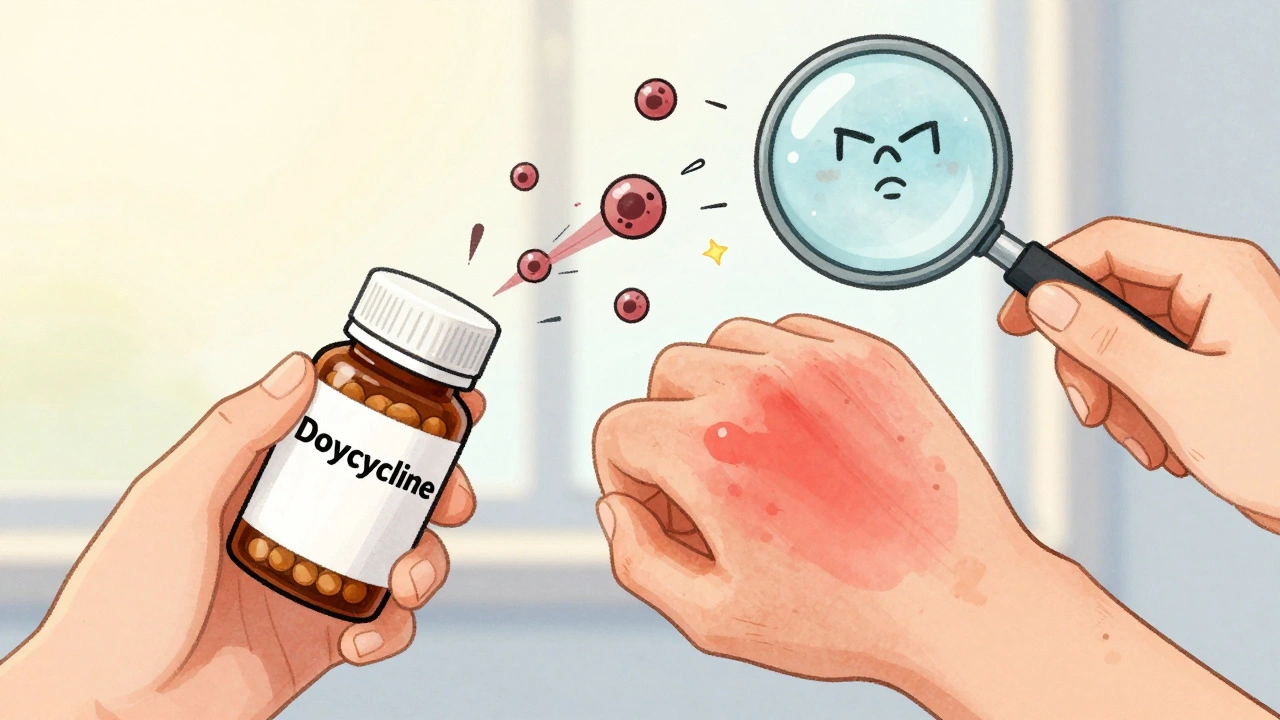 A hand with sunburned skin and stains next to tetracycline pills, with reactive molecules attacking skin cells under magnification.